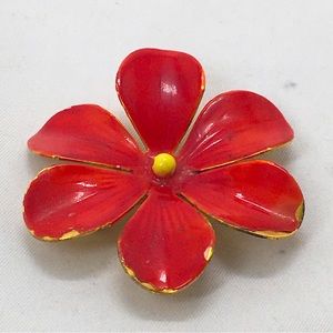 Vintage, Sandor, Gold And Red Enamel Floral Brooch